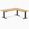 Desky Rubberwood L-Shape Sit Stand Desk, Light Oak desktop, Matte Black frame