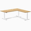 Desky Rubberwood L-Shape Sit Stand Desk, Light Oak desktop, White frame