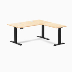 Desky Hardwood L-Shape Sit Stand Desk, Maple desktop, Matte Black frame