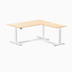 Desky Hardwood L-Shape Sit Stand Desk, Maple desktop, White frame