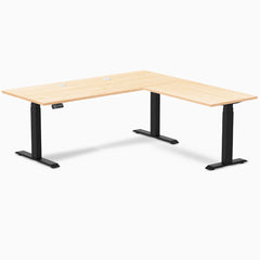 Desky Hardwood L-Shape Sit Stand Desk, Maple desktop, Matte Black frame