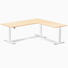 Desky Hardwood L-Shape Sit Stand Desk, Maple desktop, White frame
