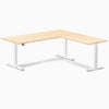 Desky Hardwood L-Shape Sit Stand Desk, Maple desktop, White frame