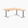 Desky Rubberwood L-Shape Sit Stand Desk, Natural Timber desktop, Gray frame