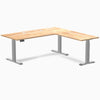 Desky Rubberwood L-Shape Sit Stand Desk, Natural Timber desktop, Gray frame