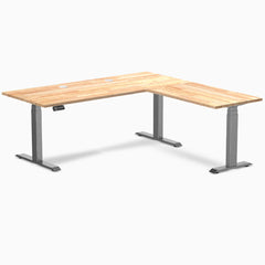 Desky Rubberwood L-Shape Sit Stand Desk, Natural Timber desktop, Space Gray frame