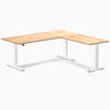 Desky Rubberwood L-Shape Sit Stand Desk, Natural Timber desktop, White frame