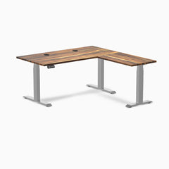 Desky Hardwood L-Shape Sit Stand Desk, Pheasantwood desktop, Gray frame