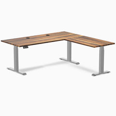 Desky Hardwood L-Shape Sit Stand Desk, Pheasantwood desktop, Gray frame