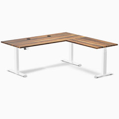 Desky Hardwood L-Shape Sit Stand Desk, Pheasantwood desktop, White frame