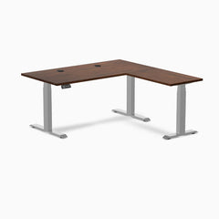 Desky Rubberwood L-Shape Sit Stand Desk, Red Walnut desktop, Gray frame