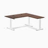 Desky Rubberwood L-Shape Sit Stand Desk, Red Walnut desktop, White frame