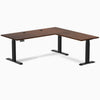 Desky Rubberwood L-Shape Sit Stand Desk, Red Walnut desktop, Matte Black frame