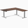 Desky Rubberwood L-Shape Sit Stand Desk, Red Walnut desktop, Gray frame