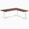 Desky Rubberwood L-Shape Sit Stand Desk, Red Walnut desktop, White frame