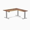 Desky Hardwood L-Shape Sit Stand Desk, Saman desktop, Gray frame
