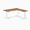 Desky Hardwood L-Shape Sit Stand Desk, Saman desktop, White frame