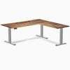 Desky Hardwood L-Shape Sit Stand Desk, Saman desktop, Gray frame