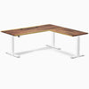 Desky Hardwood L-Shape Sit Stand Desk, Saman desktop, White frame