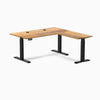Desky Hardwood L-Shape Sit Stand Desk, Teak desktop, Matte Black frame
