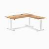 Desky Hardwood L-Shape Sit Stand Desk, Teak desktop, White frame