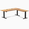 Desky Hardwood L-Shape Sit Stand Desk, Teak desktop, Matte Black frame