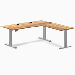 Desky Hardwood L-Shape Sit Stand Desk, Teak desktop, Gray frame