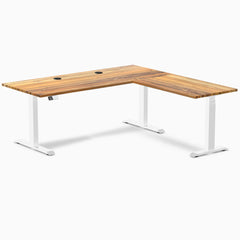 Desky Hardwood L-Shape Sit Stand Desk, Teak desktop, White frame