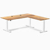 Desky Hardwood L-Shape Sit Stand Desk, Teak desktop, White frame