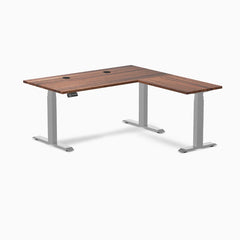 Desky Hardwood L-Shape Sit Stand Desk, Walnut desktop, Gray frame
