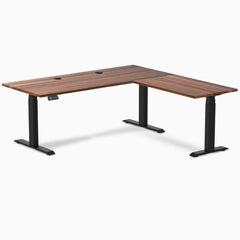 Desky Hardwood L-Shape Sit Stand Desk, Walnut desktop, Matte Black frame