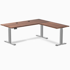 Desky Hardwood L-Shape Sit Stand Desk, Walnut desktop, Gray frame