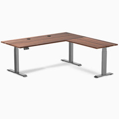 Desky Hardwood L-Shape Sit Stand Desk, Walnut desktop, Space Gray frame