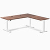 Desky Hardwood L-Shape Sit Stand Desk, Walnut desktop, White frame