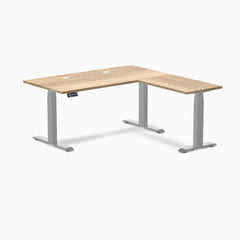 Desky Hardwood L-Shape Sit Stand Desk, White Ash desktop, Gray frame