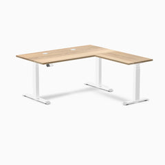 Desky Hardwood L-Shape Sit Stand Desk, White Ash desktop, White frame
