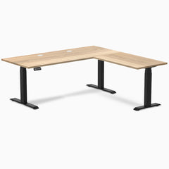Desky Hardwood L-Shape Sit Stand Desk, White Ash desktop, Matte Black frame