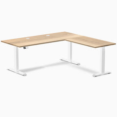 Desky Hardwood L-Shape Sit Stand Desk, White Ash desktop, White frame