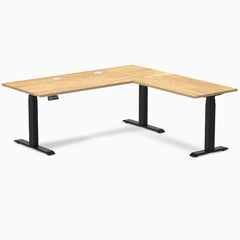 Desky Hardwood L-Shape Sit Stand Desk, White Oak desktop, Matte Black frame