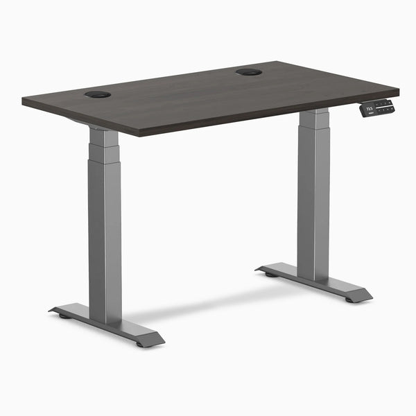 Desky Dual Mini sit-stand desk with burnished wood top, space gray frame, 40x24 inches, and grommets.