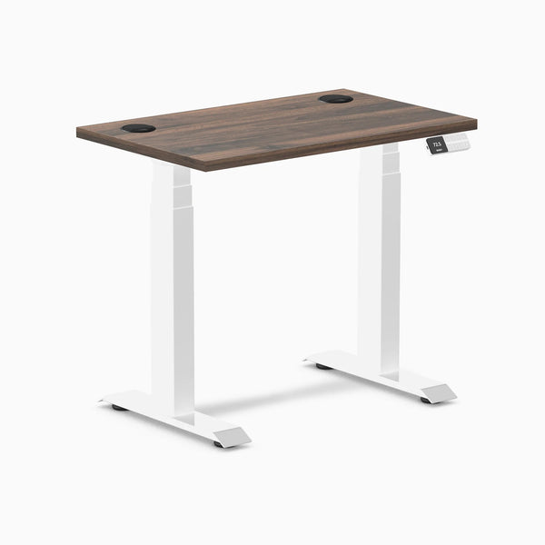 Desky Dual Mini sit-stand desk with Jarrah Legno top, white legs, 32x20 inches, and grommets.