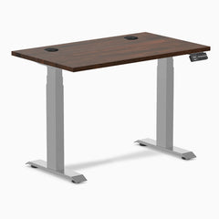Desky Dual Mini Rubberwood Sit Stand Desk, Dark Walnut desktop, Gray frame