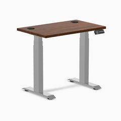 Desky Dual Mini Rubberwood Sit Stand Desk, Red Walnut desktop, Gray frame