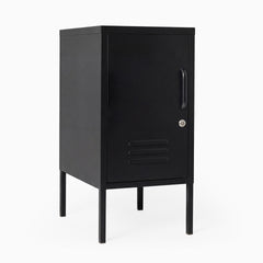 Black metal locker with a handle on a white background