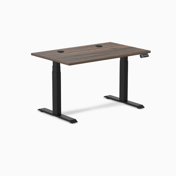 Desky Dual Laminate Sit Stand Desk with Jarrah Legno top, Matte Black legs, and grommets.