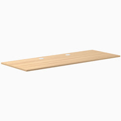 Desky Sublime Teak laminate desktop, 78.7 x 29.5 inches, with two white grommets.