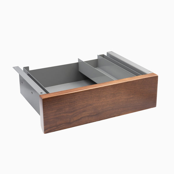 walnut hardwood under desk drawer in grey frame