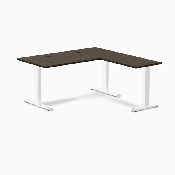 Desky Zero Bamboo L-Shape Office Desk, Dark Bamboo desktop, White frame