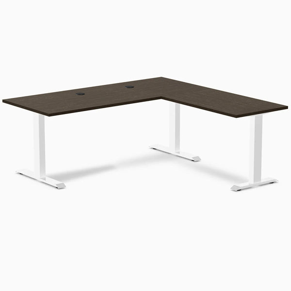 Desky Zero Bamboo L-Shape Office Desk, Dark Bamboo desktop, White frame