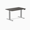 Desky Dual Laminate Sit Stand Desk with a dark wood-grain top and silver adjustable legs.